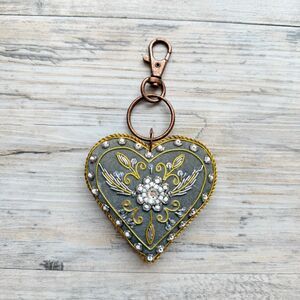 Vintage Beaded Velvet Heart Bag Charm Cottagecore Whimsical Floral Keychain